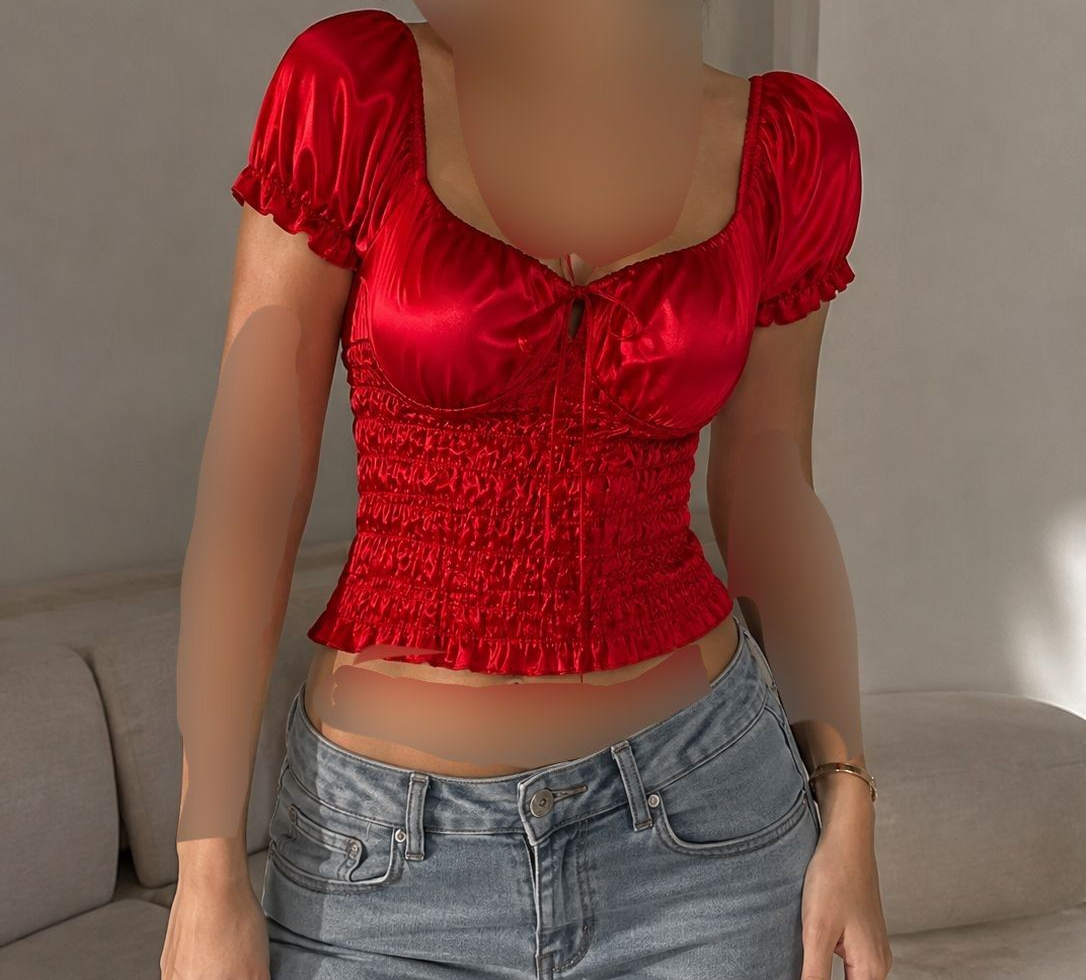 تاپ کراپ ساتن کاپ دار تمام کش  حلقه آستین قرمز/نیم تنه کاپدارساتن/مجلل وچشم نواز